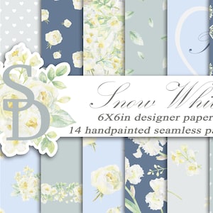 Snow White flower Watercolor digital paper Handpainted seamless pattern Printable wedding DIY Floral background Digital iris Roses Hearts