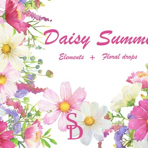 May include: Watercolor illustration of pink, white, and purple flowers with green leaves. The text "Daisy Summer" is written in pink cursive letters with the words "Elements + Floral drops" written below in smaller pink letters.