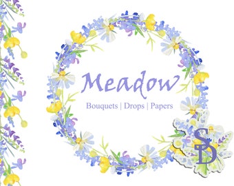 Niebieskie krople łąkowe Letni wieniec kwiatowy Papier kwiatowy 6x6 Powtarzalna granica PNG Zioło bezszwowy wzór Wydrukuj ślub DIY Akwarela clipart