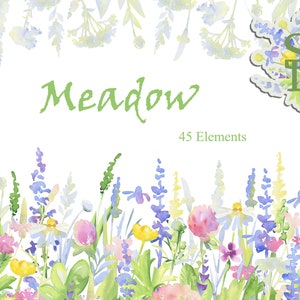 Op de afbeelding: Waterverfillustratie van een weide met een verscheidenheid aan wilde bloemen in tinten blauw, roze, geel en groen. De illustratie bevat 45 afzonderlijke elementen die kunnen worden gebruikt voor knutsel- en designprojecten.