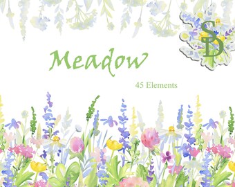 Clipart łąkowy PNG Malowane ręcznie akwarele kwiatowe Letni ślub DIY Cyfrowy dziki kwiat Element rośliny polnej Wydrukowane zioło Pastelowa gałąź