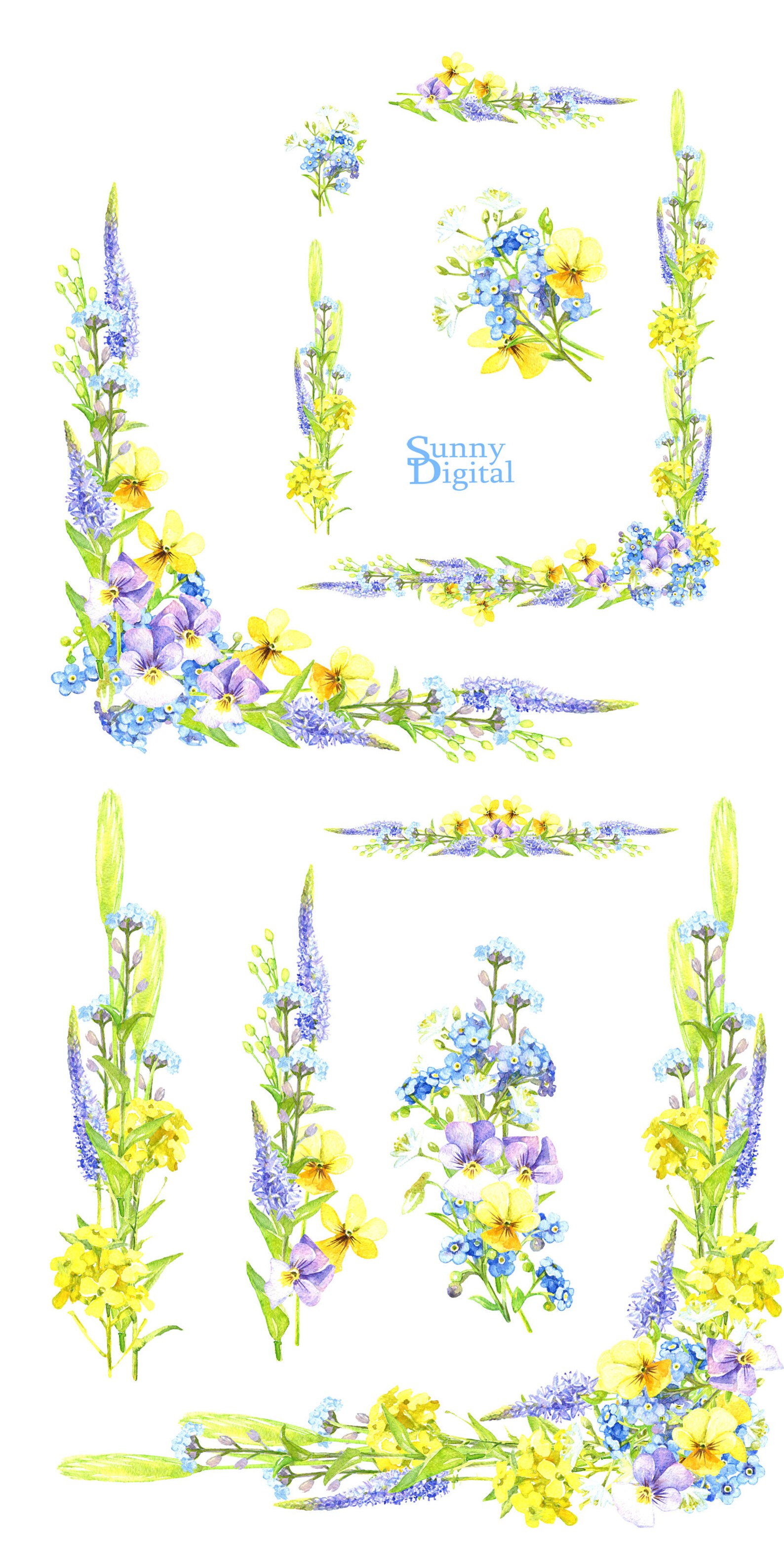 Summer Meadow Watercolor Set Wreath Digital Flower Corner Grass Green ...