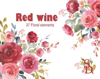 Czerwone winoroślowe elementy kwiatowe Akwarela clipart Kwiatowy obraz PNG Wydrukowany ślubny projekt ślubny Różowy wystrój do pobrania Marsala blash rose cyfrowy