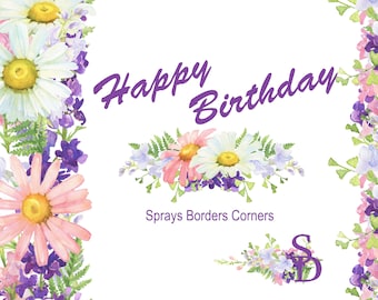 Letnie urodziny spray Daisy strona granica PNG Akwarela clipart Cyfrowy róg Kwiatowy obraz Wydrukowany ślubny wystrój Kwiatowy obraz do pobrania