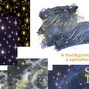 Céu estrelado Lavagens celestiais Respingos de aquarela Padrão de espaço didital Tecido estrela JPG Céu noturno download Papel estelar para impressão Clipe do universo
