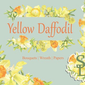 May include: A digital illustration of yellow daffodils with green leaves and stems. The text "Yellow Daffodil" is in the center of the image. The text "Bouquets | Wreath | Papers" is below the title. The letters "SD" are in a circle of daffodils in the lower right corner.