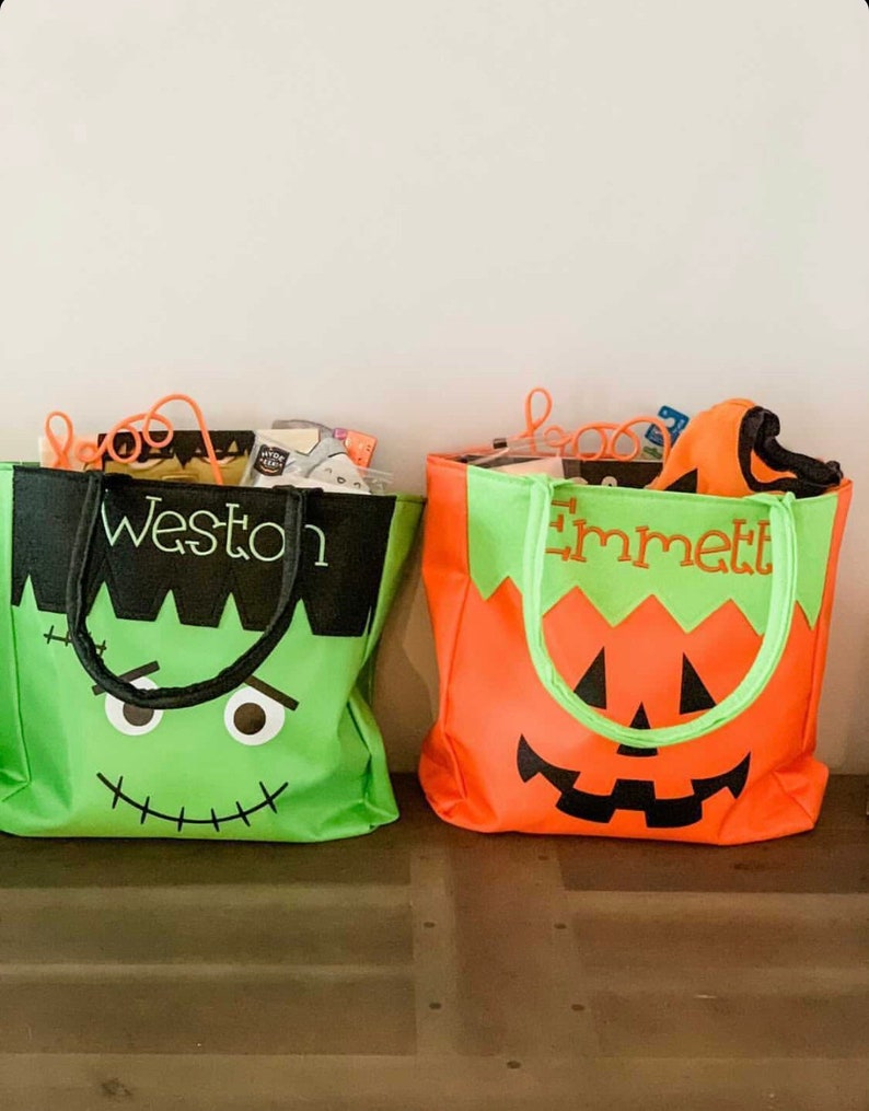 Halloween Trick or Treat Personalized Bag Embroidered Kids Halloween Buckets Tote image 1