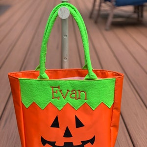 Halloween Trick or Treat Personalized Bag Embroidered Kids Halloween Buckets Tote Orange Pumpkin