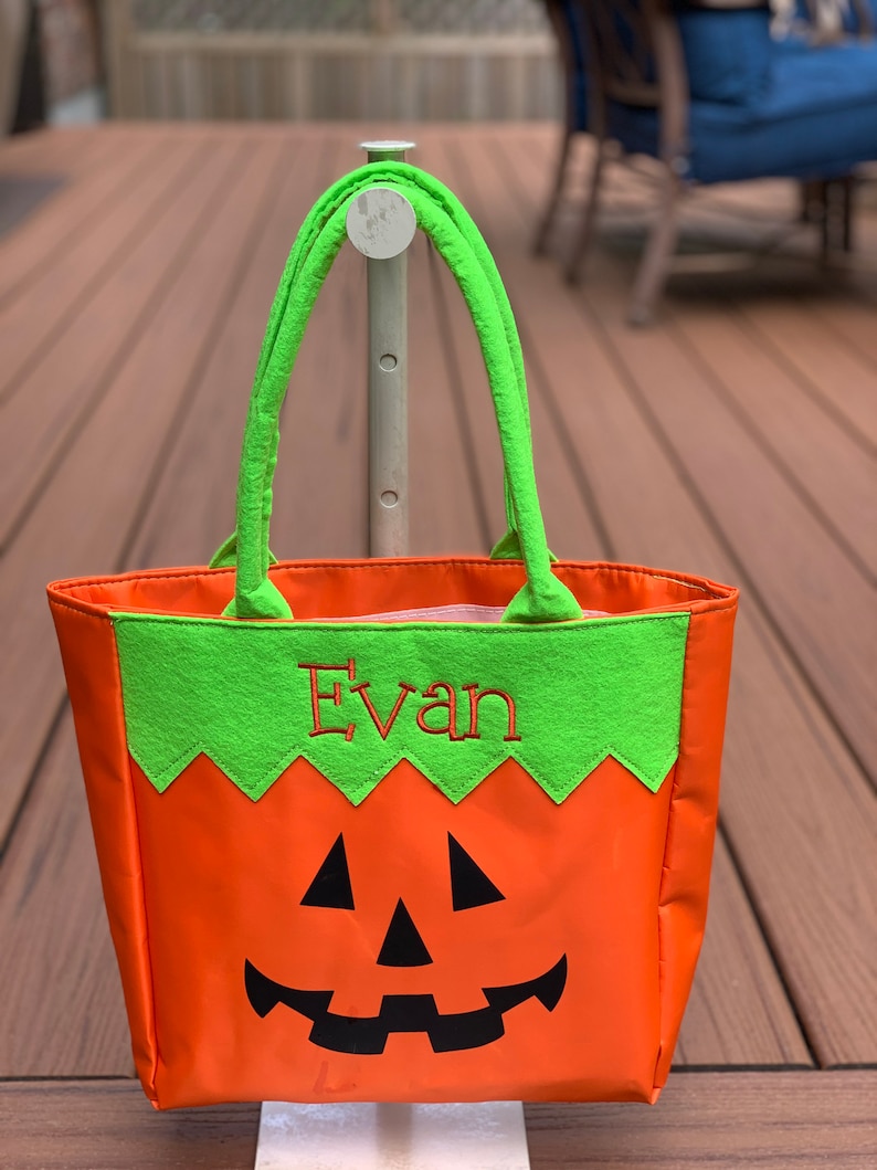 Halloween Trick or Treat Personalized Bag Embroidered Kids Halloween Buckets Tote Orange Pumpkin