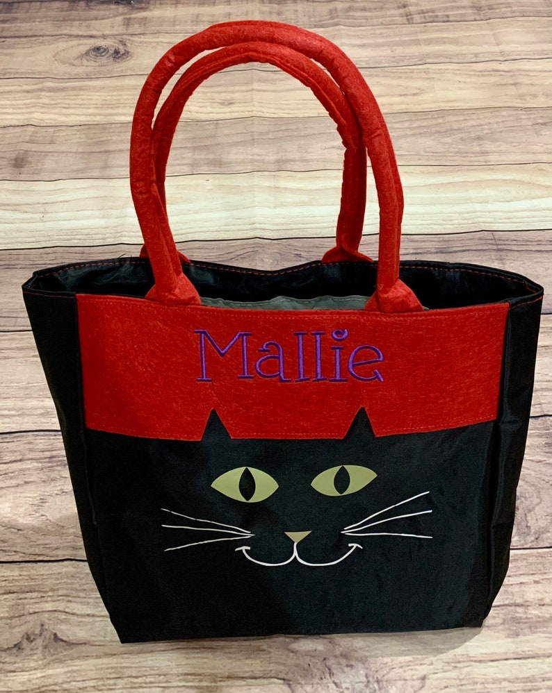 Halloween Trick or Treat Personalized Bag Embroidered Kids Halloween Buckets Tote Black Cat