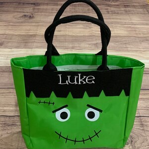 Halloween Trick or Treat Personalized Bag Embroidered Kids Halloween Buckets Tote Green Frankenstein
