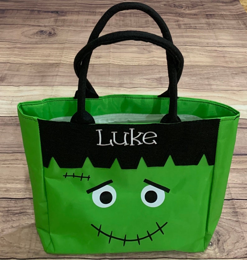 Halloween Trick or Treat Personalized Bag Embroidered Kids Halloween Buckets Tote Green Frankenstein