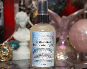 Può includere: Una bottiglia di vetro trasparente con un ugello spray nero e un'etichetta bianca che recita "Protection & Purification Spray" con un elenco di ingredienti. La bottiglia è appoggiata su una superficie con uno sfondo rosa e blu.