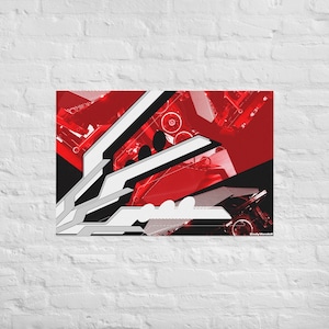 May include: Abstract art print with a striking design in red, black, and white. The artwork features geometric shapes and lines, creating a dynamic and modern composition. The artist's signature is in the bottom right corner.