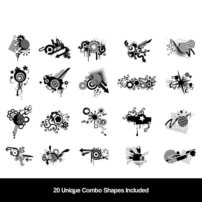 May include: Twenty black and white graphic design elements with abstract shapes, circles, stars, and geometric patterns.  These design elements are perfect for creating unique backgrounds, borders, or accents for digital or print projects.