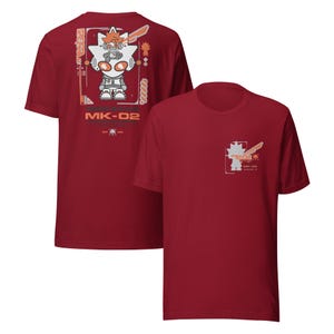 May include: Two red t-shirts featuring a white robot graphic and the text "MK-02".