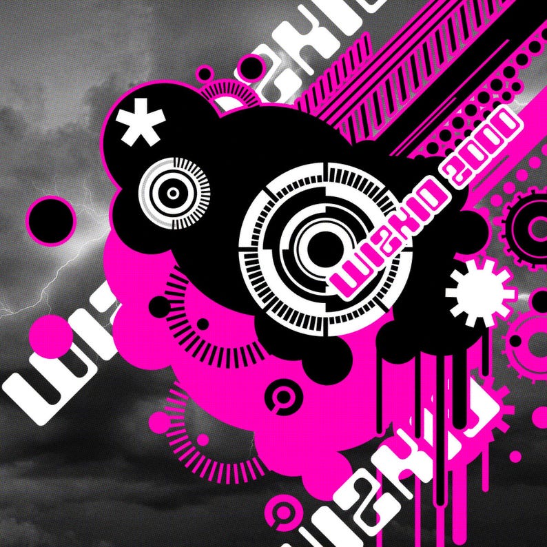 May include: Abstract graphic design with black and pink circles, geometric shapes, and the text "Wicked 2000".