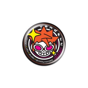 May include: Black and white button featuring a cartoon character with pink goggles and an orange mohawk. The character is surrounded by a black and white circle with the text "V.O.N.D.E.L.L.  AUDIO  DESIGN  VFX  @codyvondell".