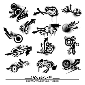 May include: A selection of black and white graffiti-style arrow designs. The designs feature circles, splatters, and other graphic elements. The text "Vondell Digital Wildstyle // 2025" is at the bottom.