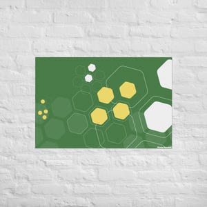 May include: Abstract art print with a green backdrop and overlapping hexagonal shapes in green, yellow, and white. The artwork has a modern, minimalist style, suitable for home or office decor.