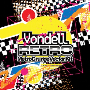 May include: A retro-style graphic design featuring a yellow circle, black and white chequered pattern, and the text "Vondel RETRO MetroGrungeVectorKit".