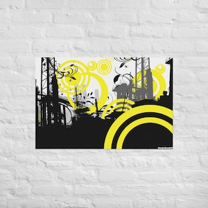 May include: Abstract art print depicting a black and yellow industrial landscape. The artwork features silhouettes of structures, yellow circles, and floral accents against a white background. The artist's signature is in the bottom right corner.
