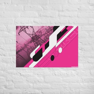 May include: An abstract art print in pink and black, depicting power lines against a pink sky. The design incorporates geometric shapes in white and black, with the letters "BG" visible. The artwork is mounted on a white brick wall.