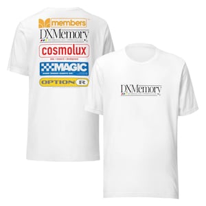 May include: White t-shirt with a variety of logos printed on the back. The logos include "members", "DXMemory", "cosmolux", "MAGIC", and "OPTION R". The front of the shirt has a single logo, "DXMemory".