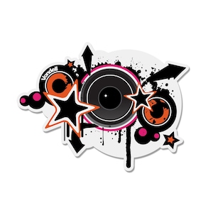 Könnte beinhalten: Aufkleber mit einem Lautsprecherdesign in Schwarz, Orange und Pink. Das Design umfasst Sterne, Pfeile und das Wort "Vondell". Der Hintergrund ist weiß mit schwarzen Farbspritzern.