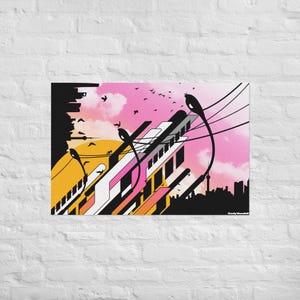 May include: Abstract art print depicting a cityscape with a pink and yellow sky, black building silhouettes, and birds. The artwork includes stylized streetlights and power lines, creating a modern, graphic design.