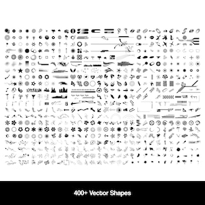 May include: A large collection of black and white vector shapes, including arrows, stars, circles, swirls, and other abstract designs.  400+ Vector Shapes.