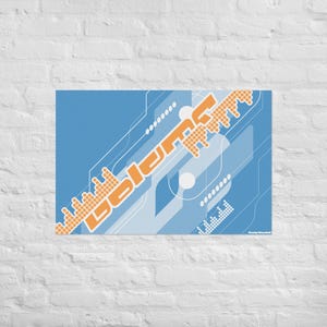 May include: A rectangular art print with a blue backdrop, geometric shapes, and the word "Bolero" in orange, pixelated lettering. White lines and dots form a tech-inspired design. The artist's signature is in the bottom right corner.