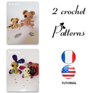 May include: Two crochet patterns for making amigurumi dolls. The patterns are available in French and English. The dolls are a teddy bear and a bunny rabbit with stitched-on eyes and a stitched-on mouth. The dolls are sitting on a white surface with gold glitter.