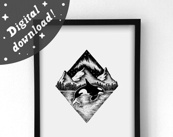 Northern Lights Killer Whale Orca Illustration Nature Art | Black and White Digital Download Printable