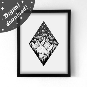 Full Moon | Mountain Nature Inspired | Hand Drawn Illustration | Black and White Digital Download Printable