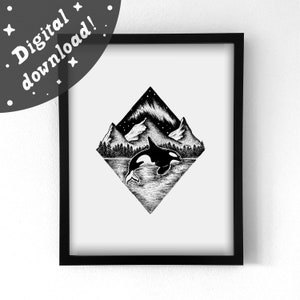 Northern Lights Killer Whale Orca Illustration Nature Art | Black and White Digital Download Printable