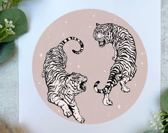 Vintage Tattoo Style | Tigers Dancing Illustration Art Print | Wall Decor for Bedroom, Office, Studio, Living Room