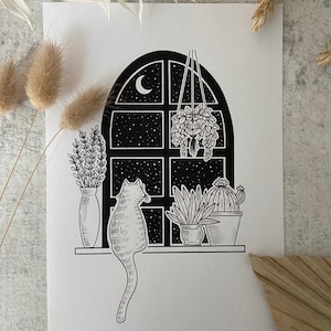 Stargazing Kitty | Cat Illustration Art Print | Cute Boho Wall Decor for Bedroom, Office, Studio