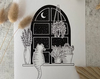 Stargazing Kitty | Cat Illustration Art Print | Cute Boho Wall Decor for Bedroom, Office, Studio