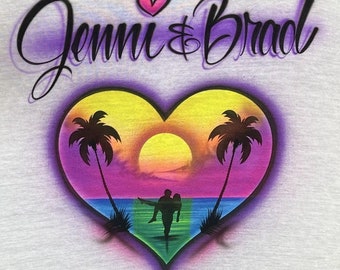 Couples on the Beach T-Shirt: Custom Airbrushed Sunset Heart Design