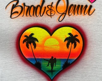 Airbrushed Couples T-Shirt:Custom Beach Sunset Heart Design