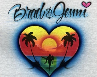 Airbrushed Couples T-Shirt: Custom Heart Beach Sunset Design