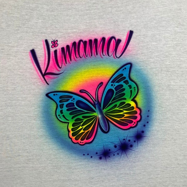 Butterfly Rainbow personalized name custom t-shirt Airbrushed custom design handcrafted apparel logos handmade airbrush t-shirt art