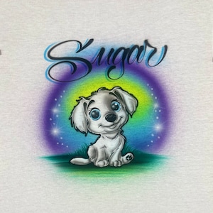 Airbrushed t-shirt puppy custom t-shirt graphic names happy dog design handmade airbrush custom logo pet t-shirt doggy clothes art cartoons
