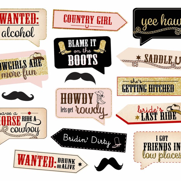 Country Western Bachelorette Party Photo Booth Props - Instant Digital Download - DIY Printable