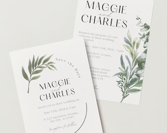 Modello di invito a nozze Greenery / Invito Save the Date / Carta RSVP con codice QR / Dettagli Invito a nozze moderno / Modello Canva