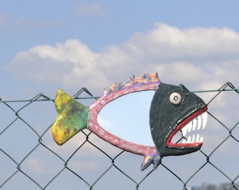 PIRANA FISH MIRROR, Tropical Fish, Papier-Mache Wall Art, Coastal Wall Decor, Scary Fish Shape Mirror, Small Wall Mirror, Decorative Mirrors