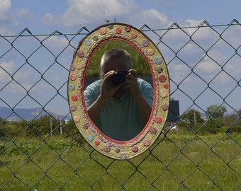 OVAL BARREL RING, Hemp Mirror, Wine Barrel Hoop Mirror, Rustic Home Mirror, Oval Hanging Mirror, Farm House Decor, Vintage Folk Art, Mirrors