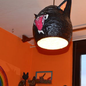 Yelling Black Cat grinning mouth, full of teeth & 6 real cat whiskers: UNIQUE PAPERMACHE LAMPSHADE, Black Lamp, Unusual Hanging Lamp, Oddity image 3