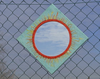 BLUE SQUARE MIRROR, Large Wall Mirror, PaperMache Sun Mirror, Boho Wall Mirror, Boho Wall Decor, Eclectic Sun Wall Decor, House Warming Gift